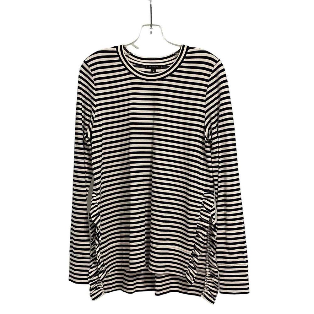 Stella & Dot Womens Navy White Striped Ruffle Side Slit Long Sleeve Top Medium